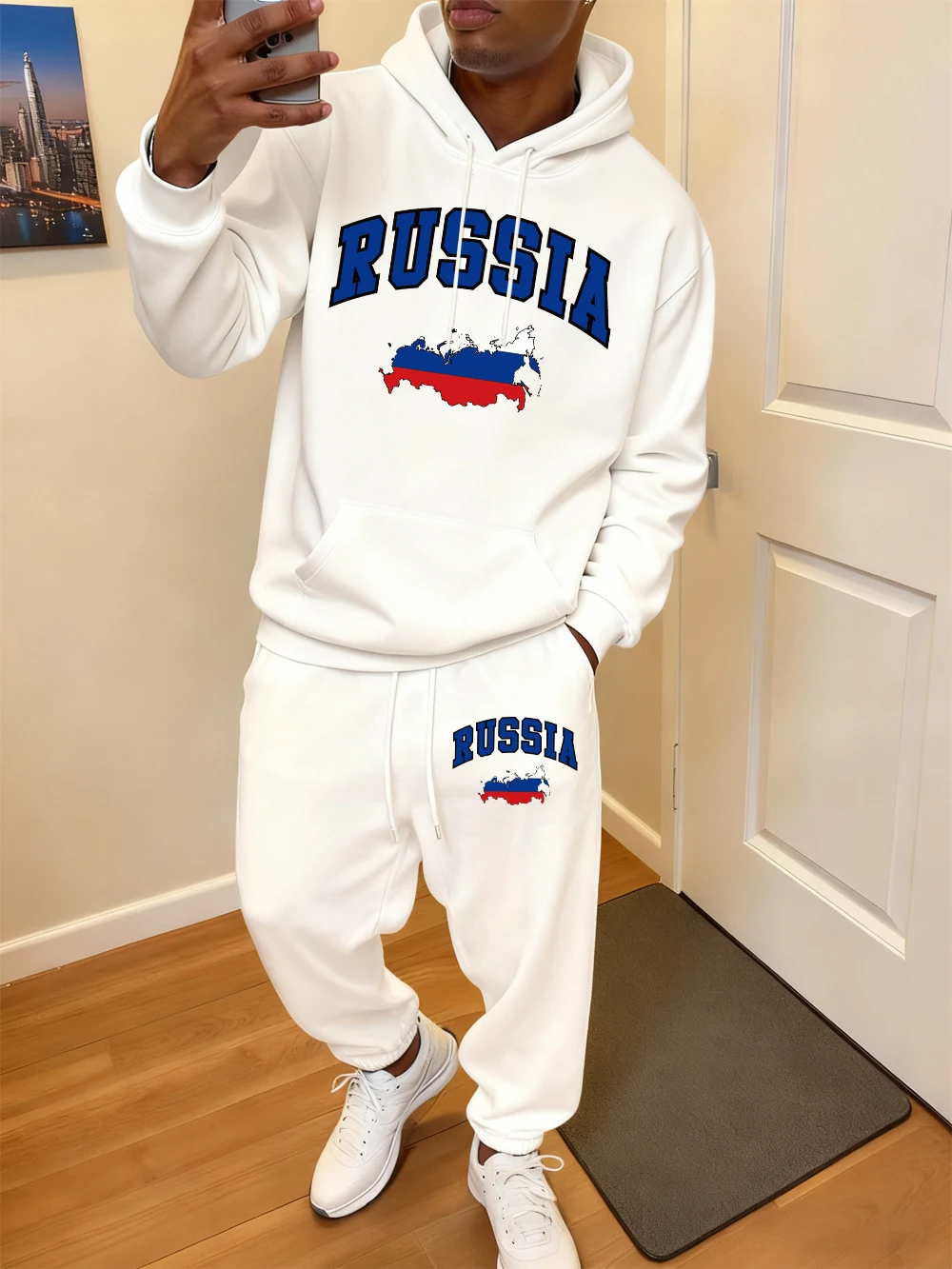 2 قطعة هوديس مجموعة الرجال العلم الروسي الملونة خريطة الطباعة Sweatpants الشتاء الصوف الدافئة جيب السراويل هودي ملابس رياضية فضفاضة