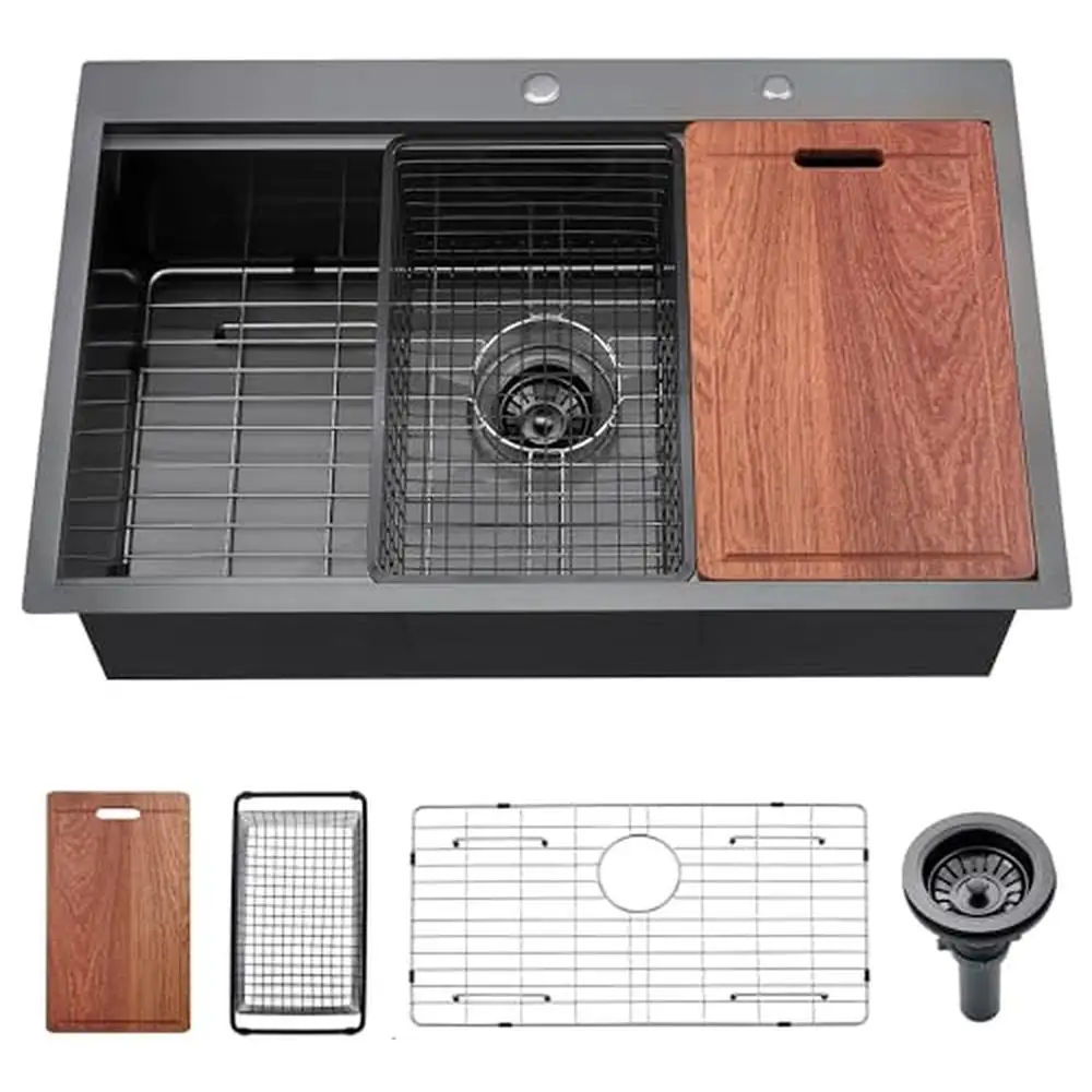 

33-дюймовая черная кухонная мойка из нержавеющей стали с верхним креплением, рабочая станция 16 калибра, дизайн с нулевым радиусом, простая установка, сливная канавка