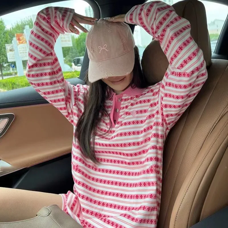 Early Autumn Polo Striped Color Matching Loose Casual Long Sleeve T-shirt