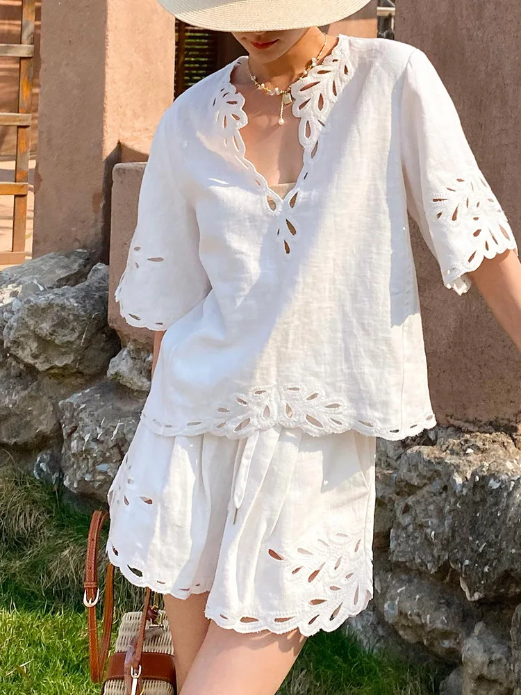 Summer 2025 Women's Embroidered Hollow out Cotton Linen ort Sve irt Set with orts V Ne Loose Fit Thin Material