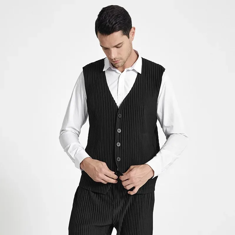 

ALSEY Miyake Pleated Men's Business Elegant Suit Vest 2024 Four Seasons Menswear New Fashion Single-breasted Casual Men Clothing