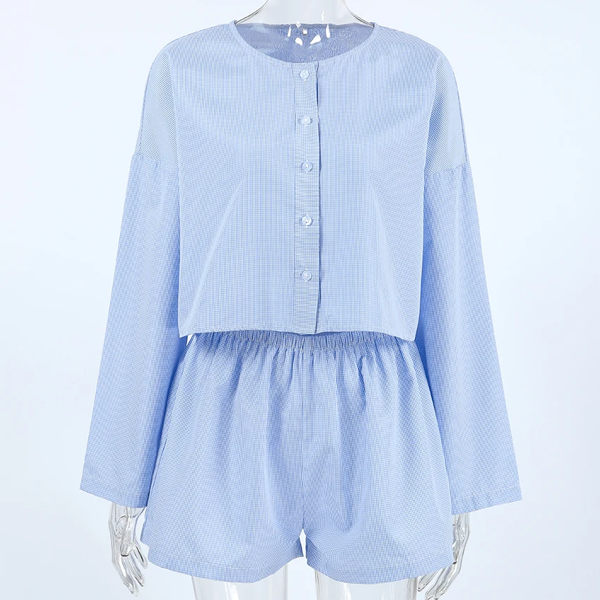 

Женский пижамный комплект HiLoc синего цвета в клетку, с длинным рукавом, на пуговицах, с шортами на резинке, 2 предмета, повседневная домашняя одежда на все сезоны, модель 2026 года