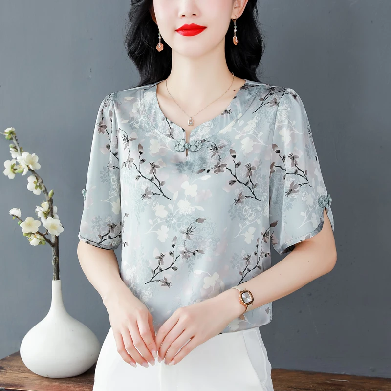 Retro Silk Chiffon Shirt For Women\'s 2024 New Short sleeved Floral Printed Tops Fashion Summer Blouse