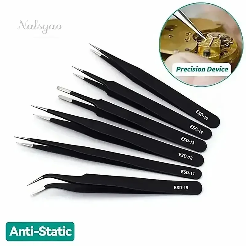 6pcs Precision Long Tweezers Set ESD Anti-Static Stainless Steel Tweezers Repair Tools for Electronics Soldering Craft