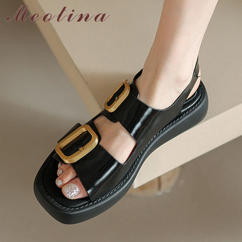 Meotina Women Genuine Leather Sandals Square Toe Flat Platform Sandals Buckle Metal Decoration Ladies Shoes Summer Beige 40