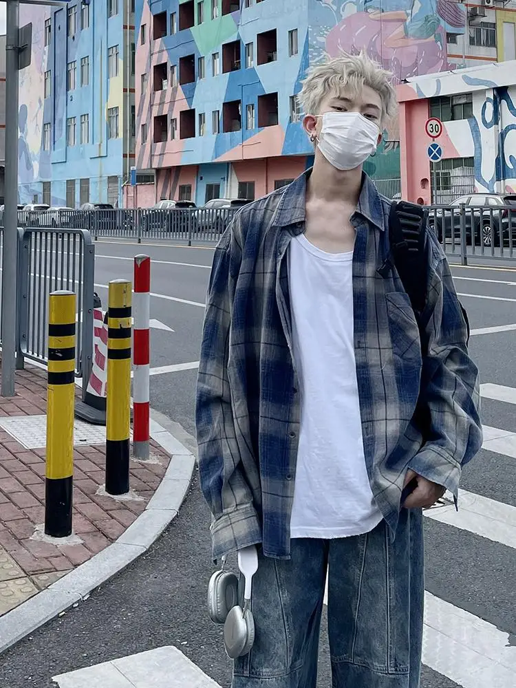 

Autumn Original American Vintage adient Plaid Long Sve irt Men Women Oversize Couple Thin Casual Outerwear Polyester F...