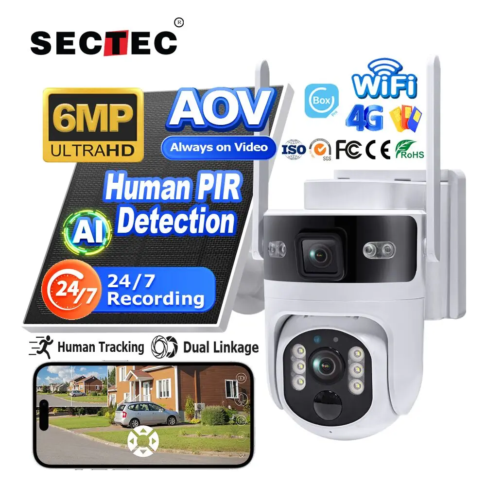 

SECTEC 4G 3K 6MP Three Lens Dual View 15X Zoom Solar Camera PIR Network Solar Battery PTZ Camera Security Camera UBOX APP