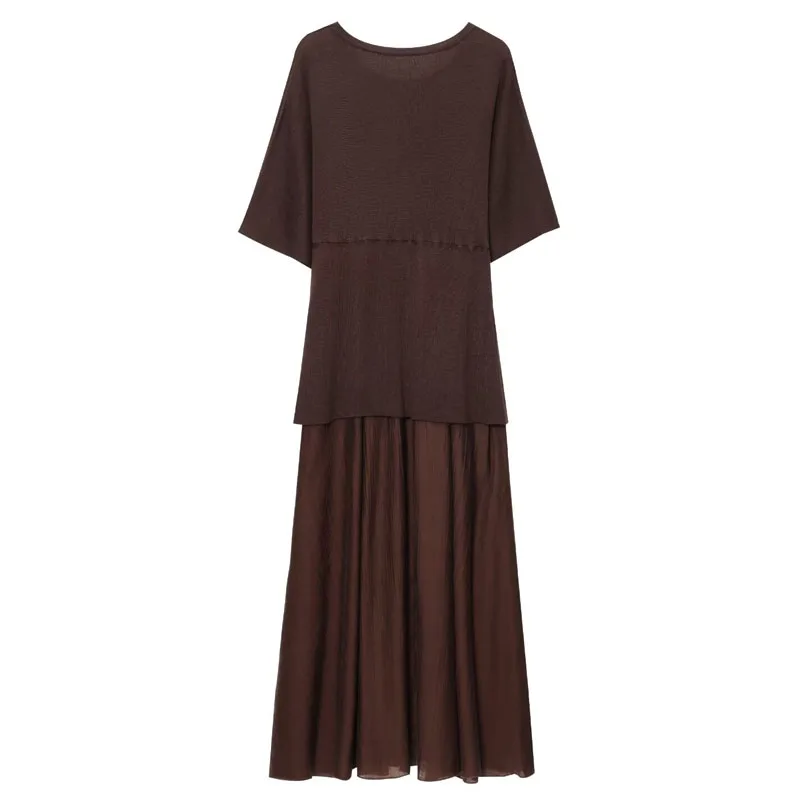 HXAO une pièce femmes robe d'été longue tricotée élégante robes de soirée épissage plis en mousseline de soie à manches courtes décontracté robe féminine