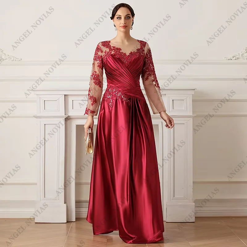 

Customized Long Sleeves Burgundy Shiny Satin Mother of the Bride Dress Wedding Party Dress Robe Pour Ceremonie De Mariage 23730