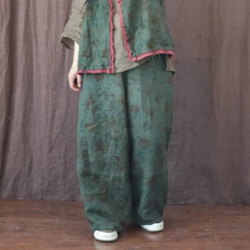 

Autumn New Retro Floral Print Pants Women Causal Wide Leg Comfortable Linen Trousers Woman Versatile Pant Breathable