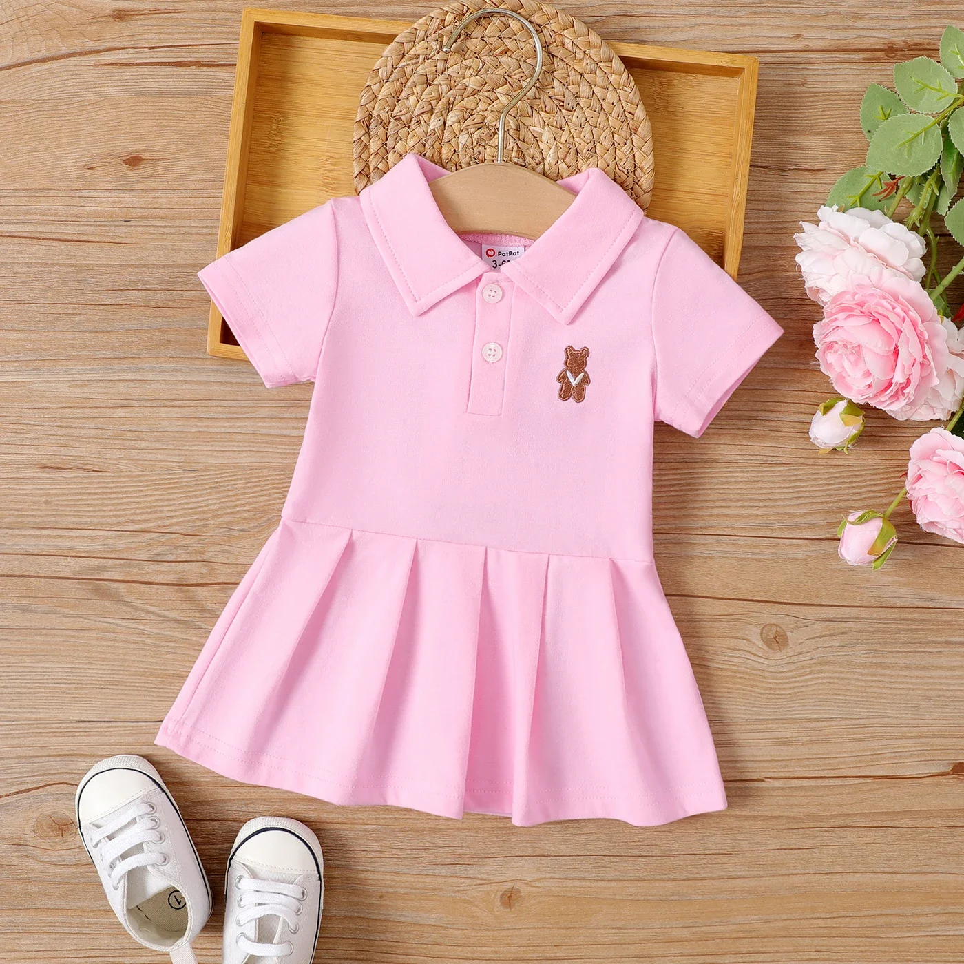 PatPat Baby Girl Bear Embroidered Polo Neck Pleated Dress Suitable for Summer Season Soft and Comfortable Basic Style