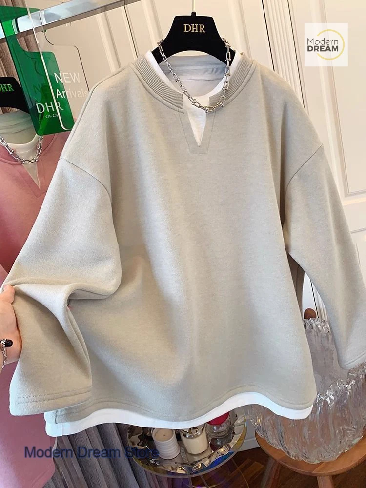 French style solid color fashion fake two-piece round neck sweater women's autumn and winter new bottoming shirt loose blouse