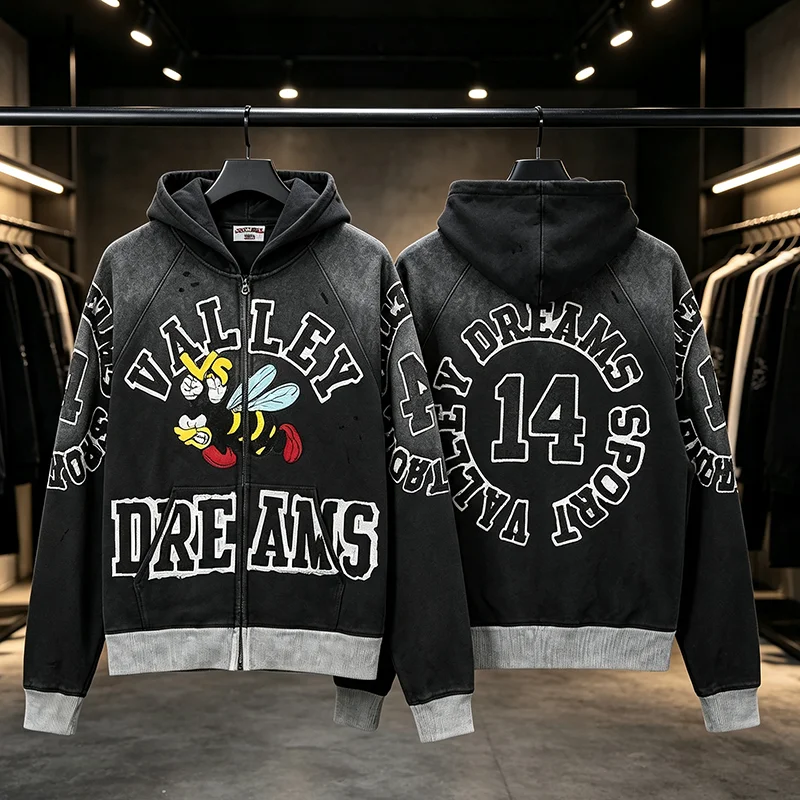 New Arrival VALLEY Men's Zip Up Hoodie Vintage Gradient Wash Bee Applique Letter Print Distressed Street Jacket