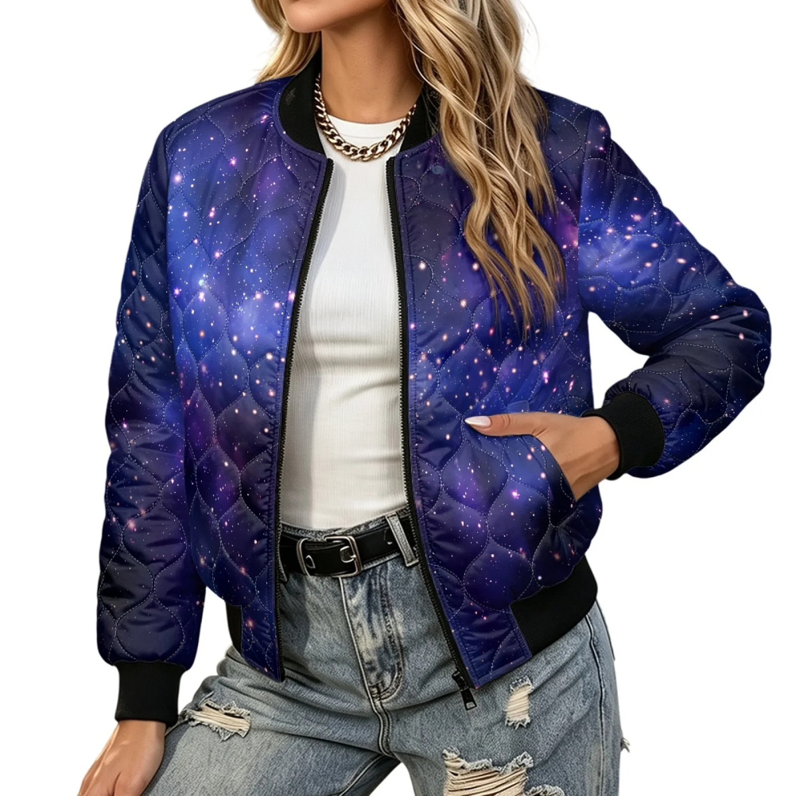 PENSTROLL Deep Starry Sky Women Winter Light Padded Zip up Outer Jacket Versatile Quilted Jacket for Daily Wear