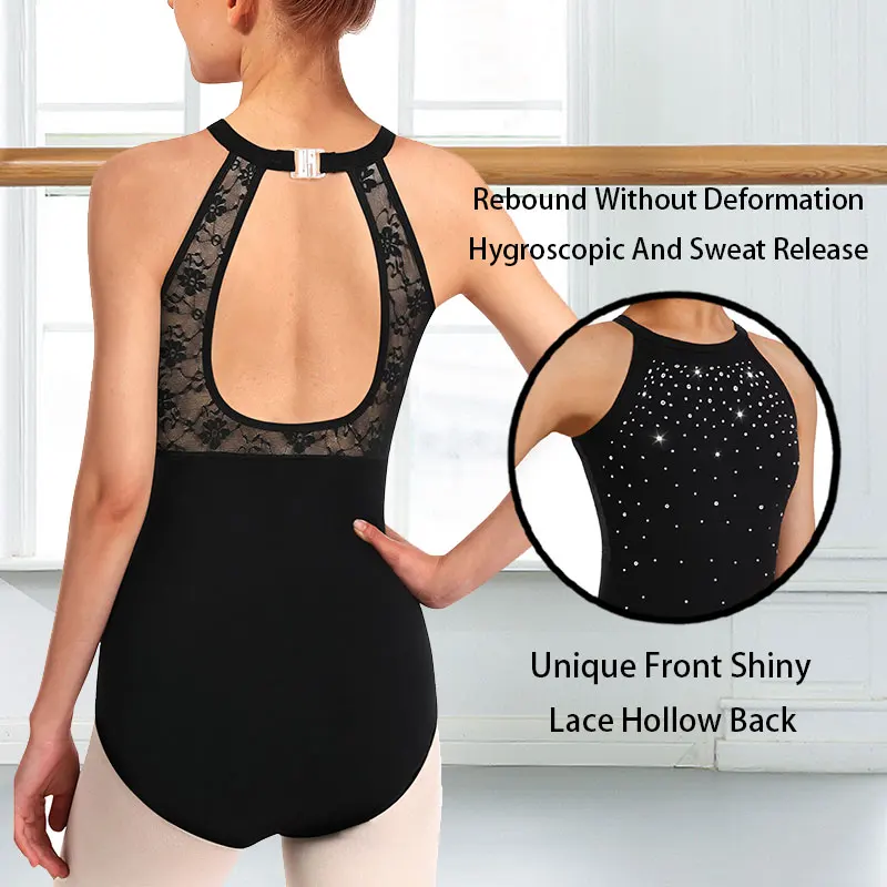 Women\'s Dance Leotard for Ballet Black Halter Neck Lace Hollow Back, Shiny Front,Fold Button,Full Front Lining Ballet Clothes