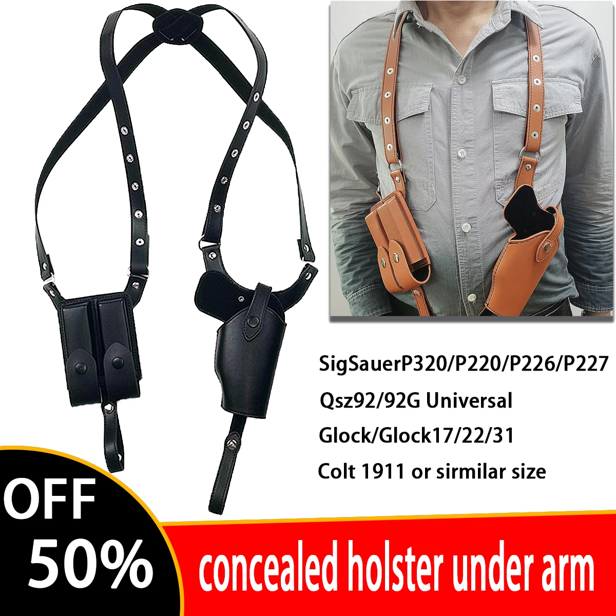 

Tactical 1911 Shoulder Gun Holsters Adjustable Concealed Carry PU Leather Berett Gun Holster With Double Magazine Pouch Glock17