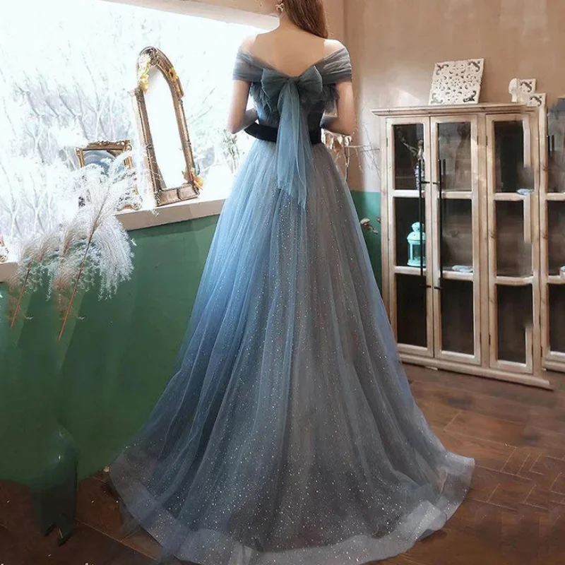 Customized New Greydish Blue Long Evening Dress Sweat Lady Women Princess Bridesmaid Banquet Party Dress Gown Black Lace Slim Wa