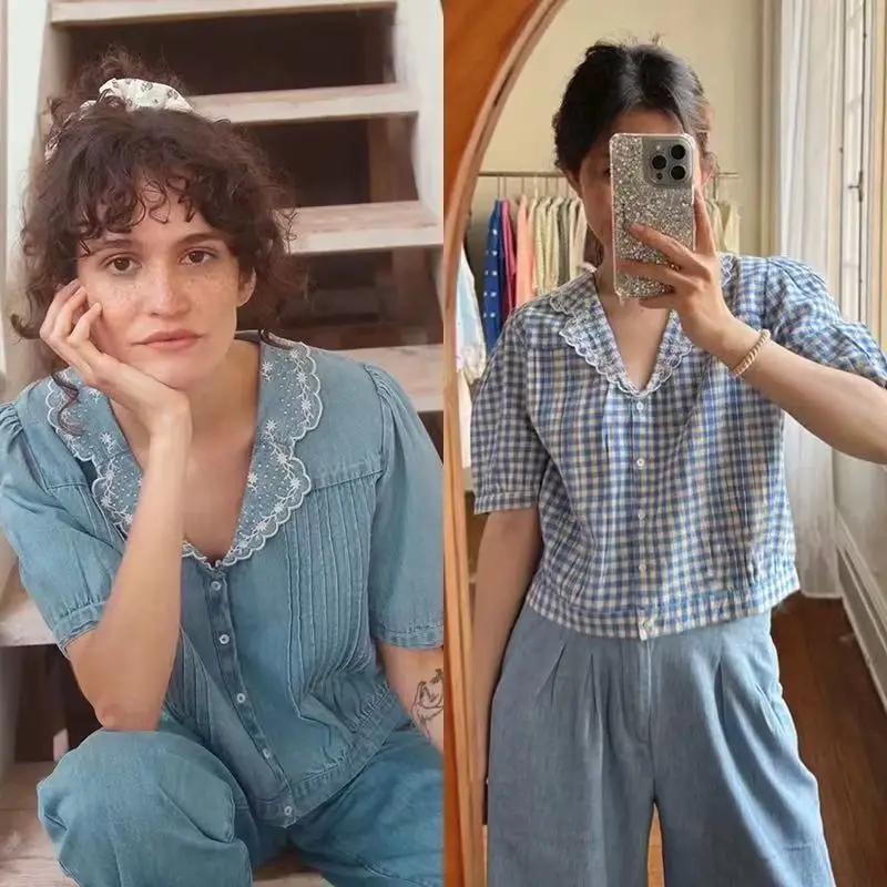 

Новинка 2025: Женский модный топ из хлопка с вышивкой, воротником-стойкой, плиссировкой и французскими рукавами, с эффектом омоложения