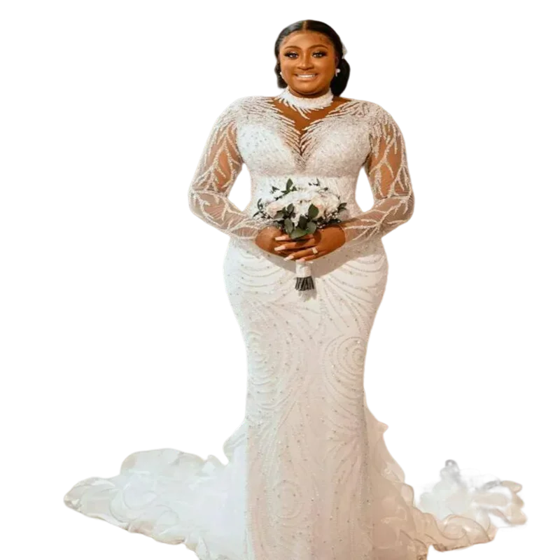 

Customized Plus Size Mermaid Beaded Sequined High Neck Wedding Gowns Chapel Ruffles Train Long Sleeve Robe De Mariee