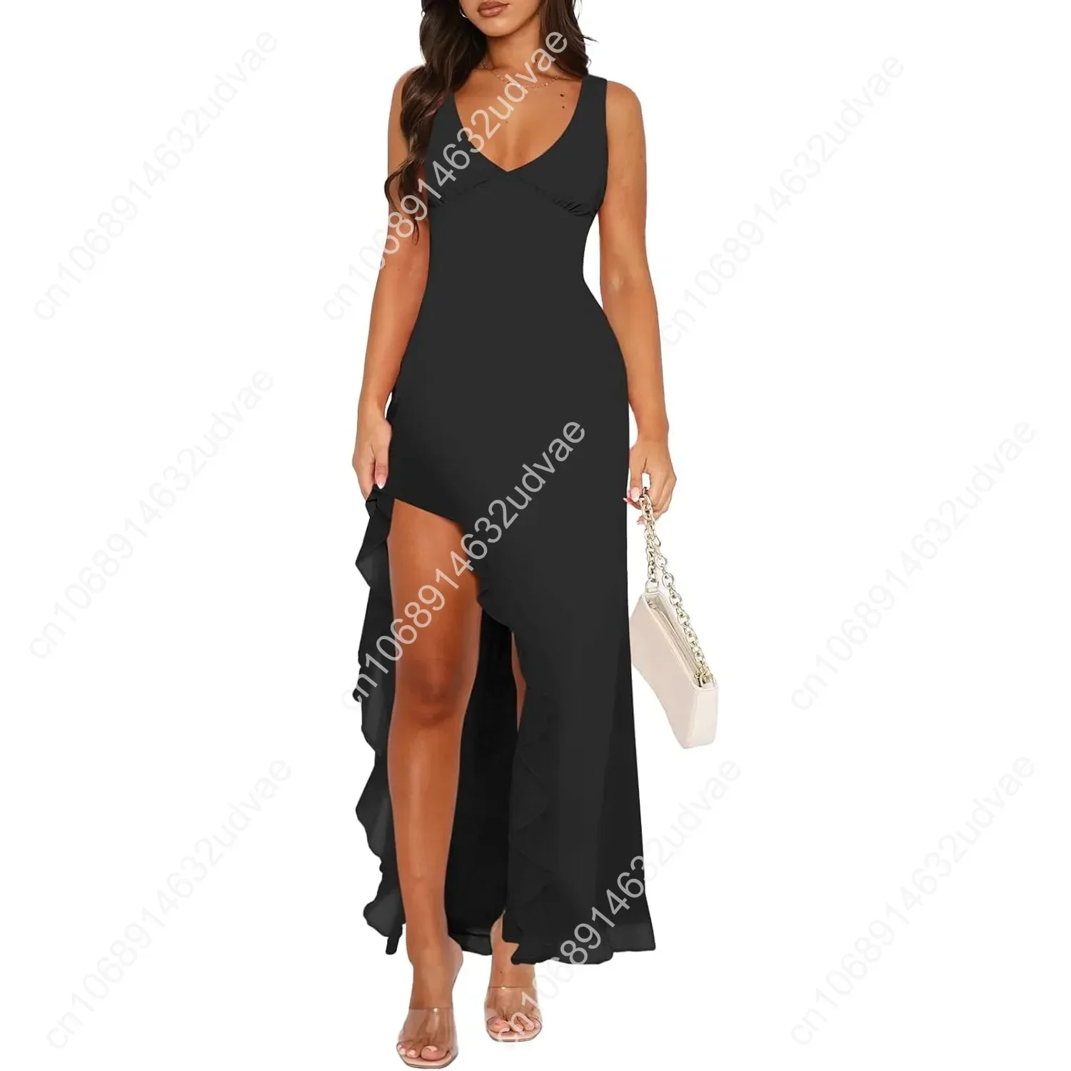 

Women Sexy V Neck Sleeveless Mesh Ruffle Hem Bodycon Maxi Casual Backless High Slit Cocktail Party Dress