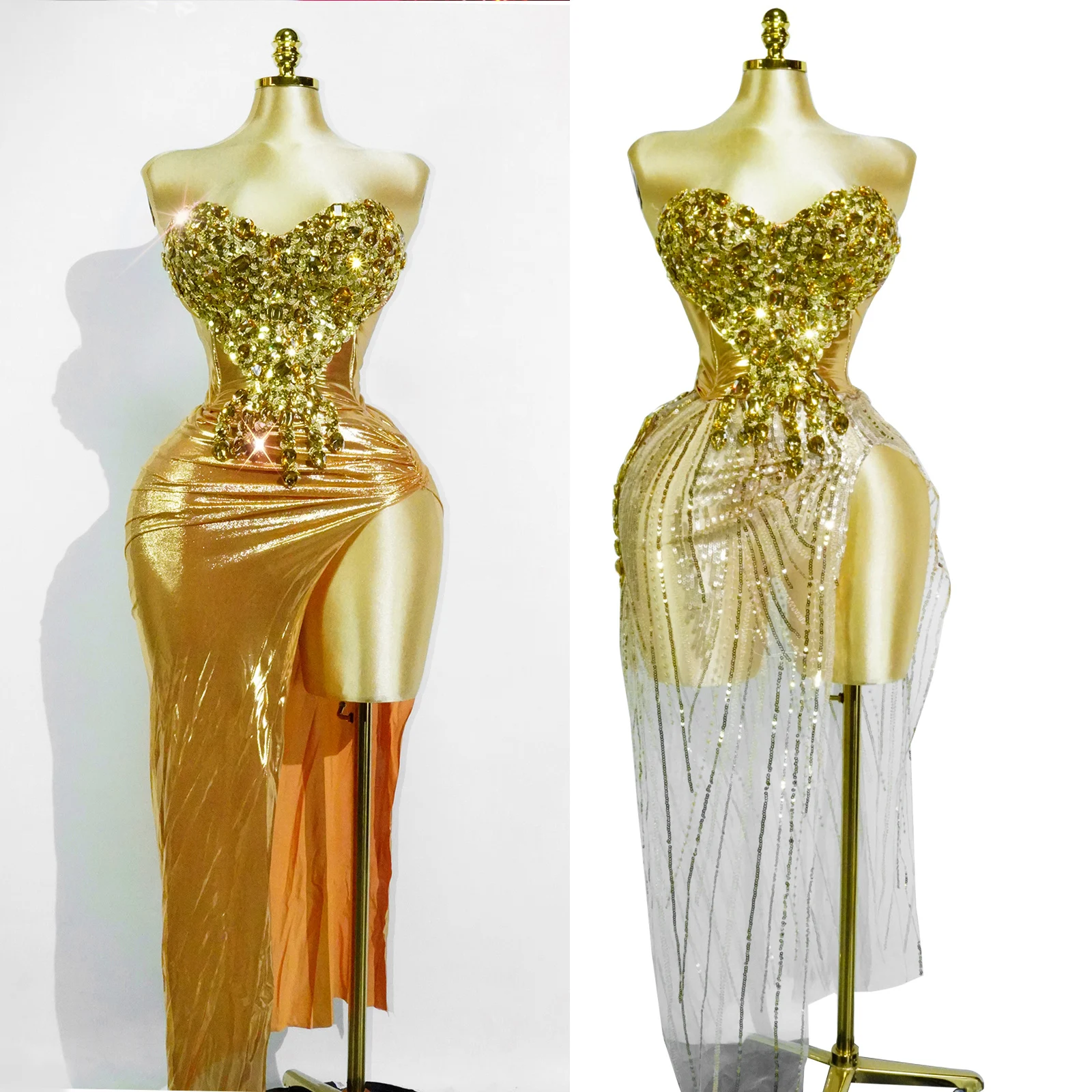 

Sparkly Luxurious Gold Rhinestones Mesh See-through Long Dress 2Set Dance Performance Stage Wear Party Birthday Nightclub Outfit