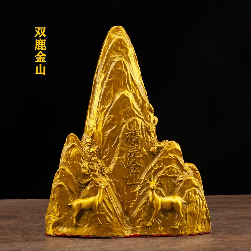 Brass ornaments, including the Double Deer , Yuguang Mountain, and Shigan Dang Stone, are used as a support for