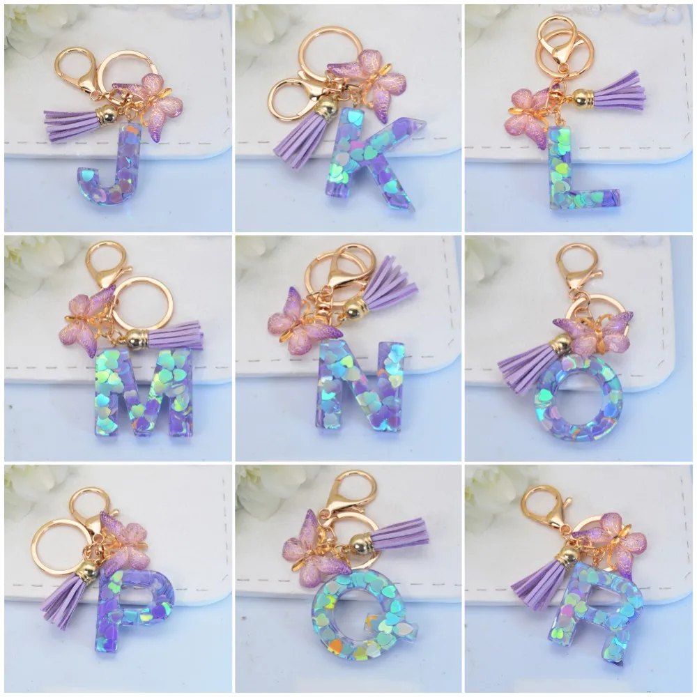 Purple Sequin 26 Letter Keychain Glitter Resin Butterfly Initial Keyring for Women Purse Bag Charm Car Ornament Christmas Gift