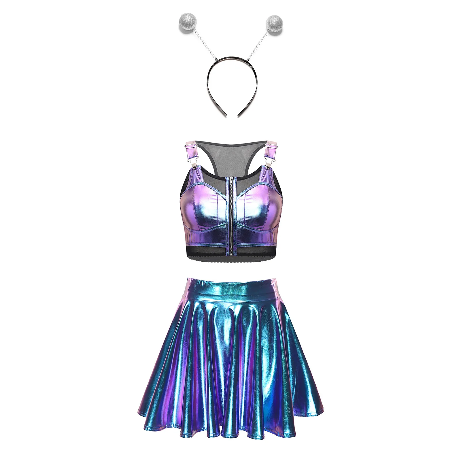 Womens Space Alien Costume Shiny Metallic Crop Tank Top with Miniskirt and Headwear Astronaut Cosplay Outfit for Halloween Party view 5
