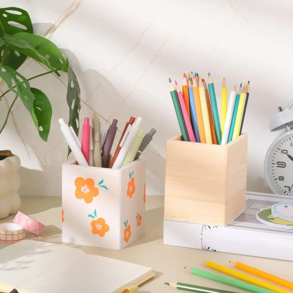 Portable Wooden Pen Holder DIY Painting Round/Hexagonal/Square Pen Container Desktop Organizer Gift