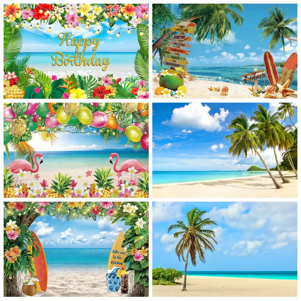 

Summer Hawaiian Tropical Beach Backdrop Palms Tree Surfboard Luau Aloha Flamingo Baby Birthday Photography Background Photozone