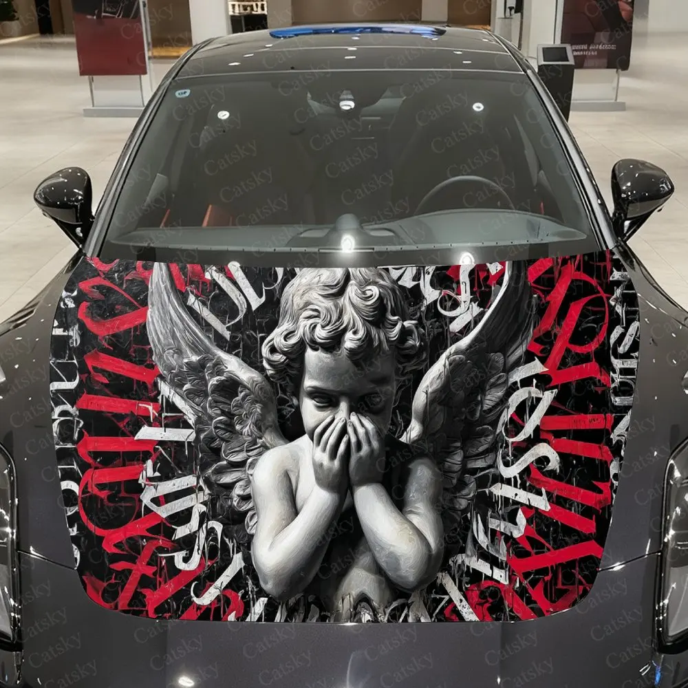 

Silenced Angel Red Pattern Car Vinyl Wrap, PVC Waterproof Car Hood Sticker, Self-Adhesive Scratch-Resistant Stickers