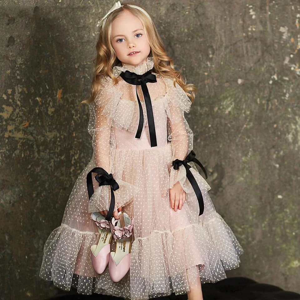 

2023 Polka Dots Flower Girl Dresses For Weddings Tulle Long Sleeves Birthday Party Dress First Communion Ball Prom Pageant Gown