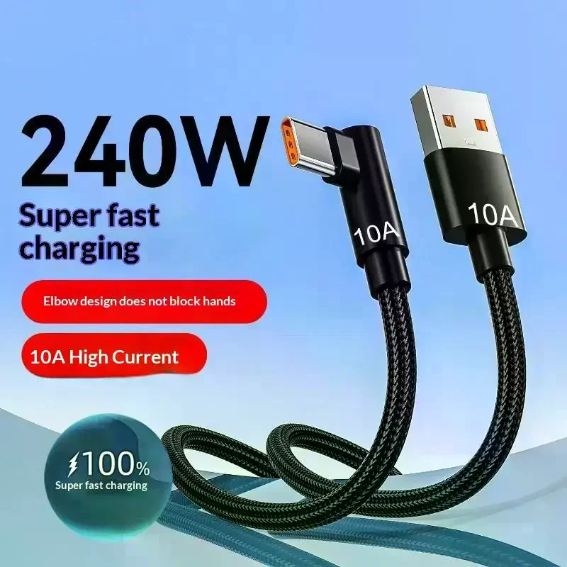 Type C Charger Cable 90 Degree Right Angle Type-c Data Line 240W 10A Quick Charging Nylon Wire Cord For Most Brand Phones USB