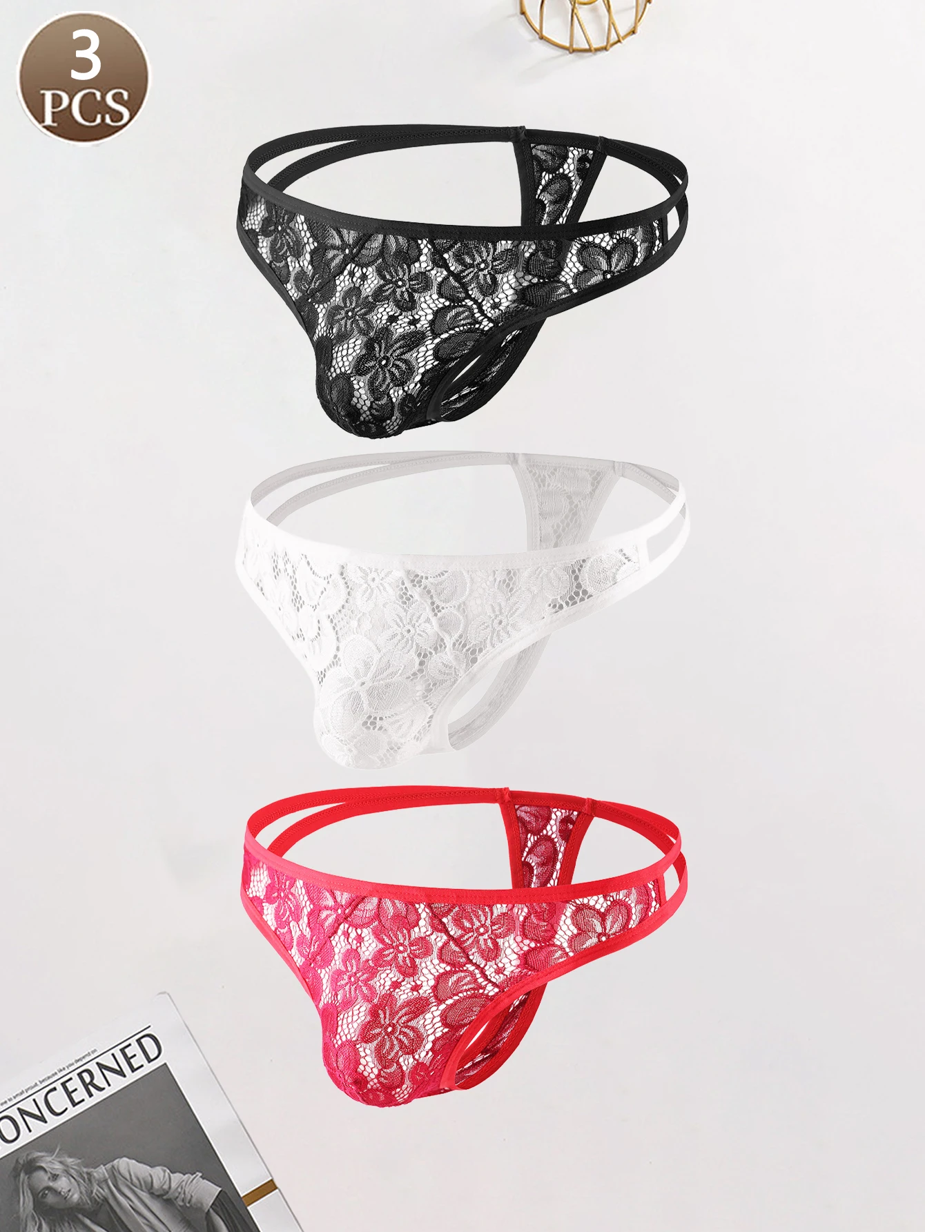 

3 шт., мужское нижнее белье, трикотажное сексуальное кружевное нижнее белье, однотонные мужские стринги с низкой талией, мягкие и удобные мужские трусы