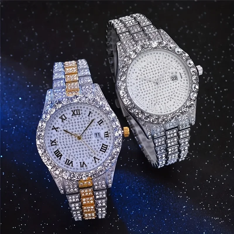 2pcs/set Elegant Water Diamond Watch and Cuban Chain - Sparkling Cubic Zirconia, Perfect Gift for Him or Her