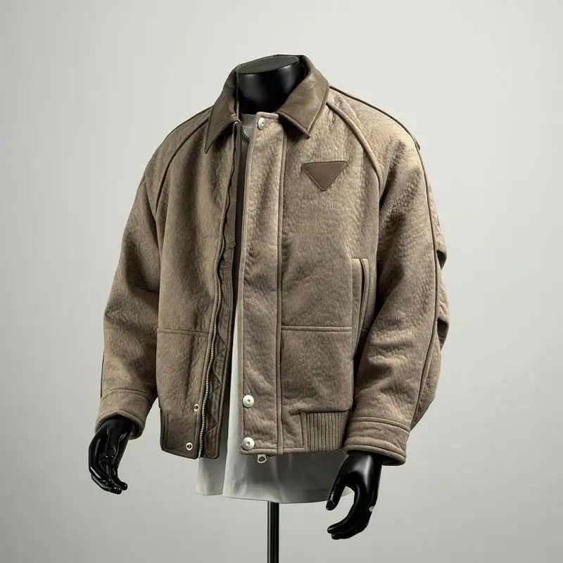 

American Retro Contrast Color Lapel Workwear down Jaet Men's Winter Loose Thiened Outerwear Warm 90 White Du down Cotto...