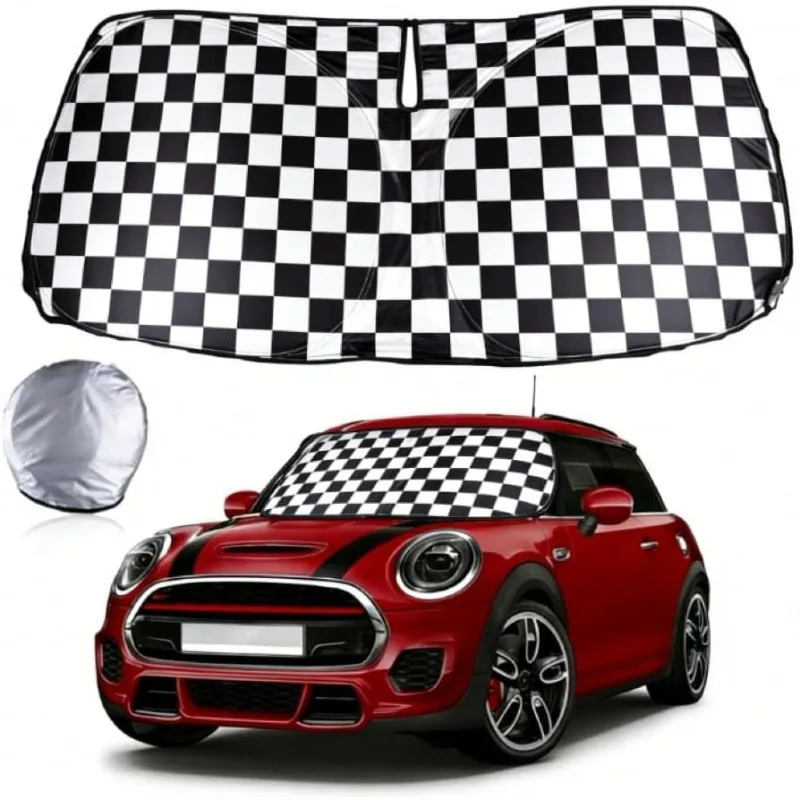 Windshield Sun Shade for Mini Cooper Sunshade Checkered | Foldable Reflective Sun Visor,Sun Heat and UV Rays Blocker Double