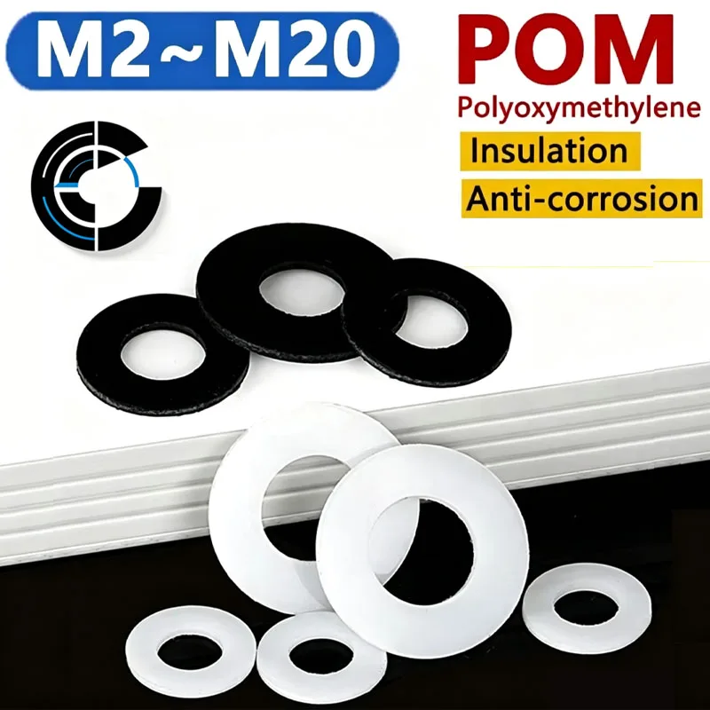 M2-M20 POM Flat Gasket High Strength Hard Insulated Plastic Washer Spacer Thickness 0.3/0.5/0.8/1/1.5-5mm OD 4-30mm White/Black