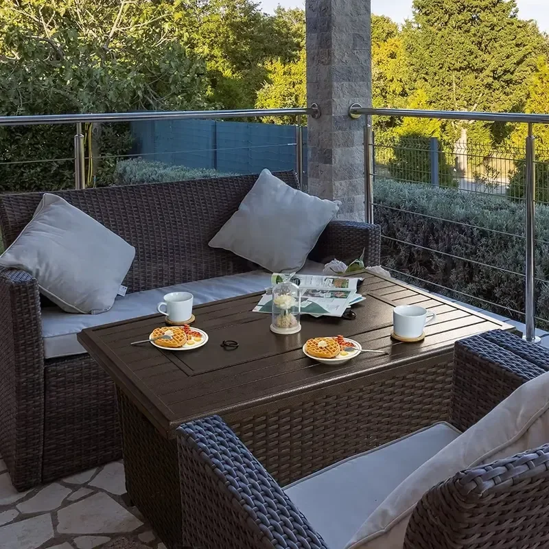 50,000 BTU Outdoor Wicker Patio Propane Fire Pit Table with Aluminum Tabletop Clear Glass Wind Guard Slide Tank Holder