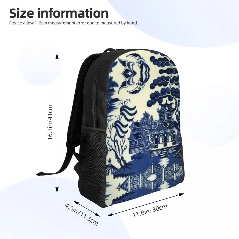 Customized Antique Willow Ware Oriental Toile Backpacks Basic Bookbag for School College Blue Delft Chinoiserie Pagoda Bags