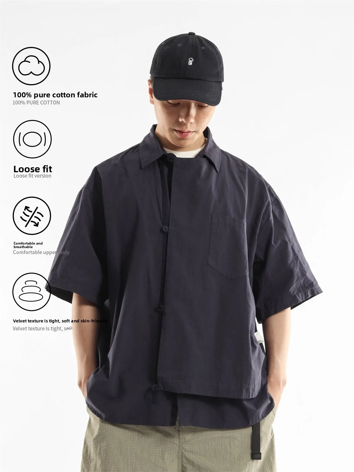 Unnoticed Japanese Style Casual Workwear Shirt Short Sleeve Asymmetrical Loose Fit Unisex Summer Fashion Single Color