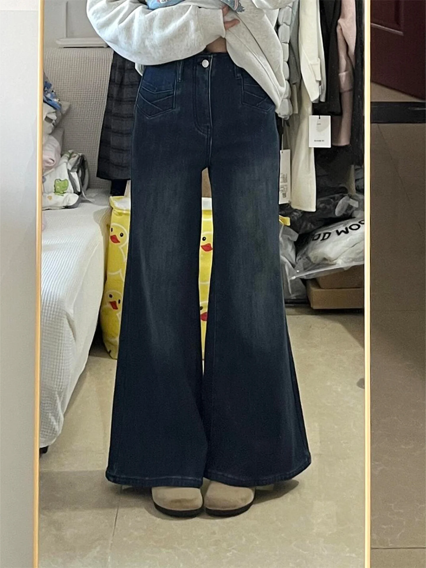

Blue Draped American Retro Flared Jeans Women plus Size Summer Commute High Waist Wide Leg Pants Casual Warm Denim Fabric