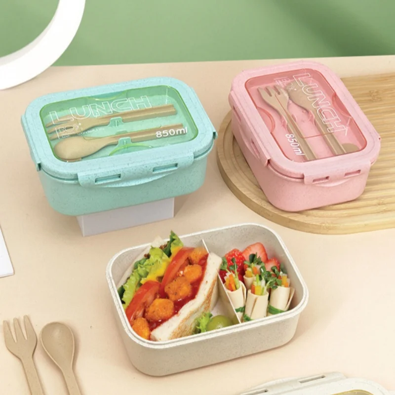 850ml Divided Lunch Box Portable Large Capacity Microwae Bento Box with Fork and Spoon Food Storage Container for School Camping