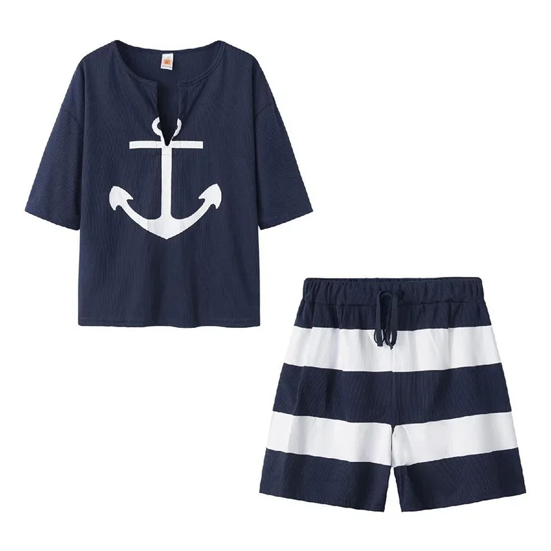 Padrão V-Neck Boat Anchor feminino impresso Top de manga curta, calças de perna larga, shorts soltos, conjunto emagrecedor, 340526003 mulheres