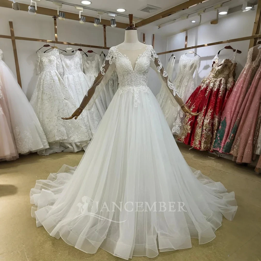 Customized Long Sleeves Flore Princess Wedding Gown For Women Cheap Online O Neck Lace Bridal Dresses vestidos de novia boda