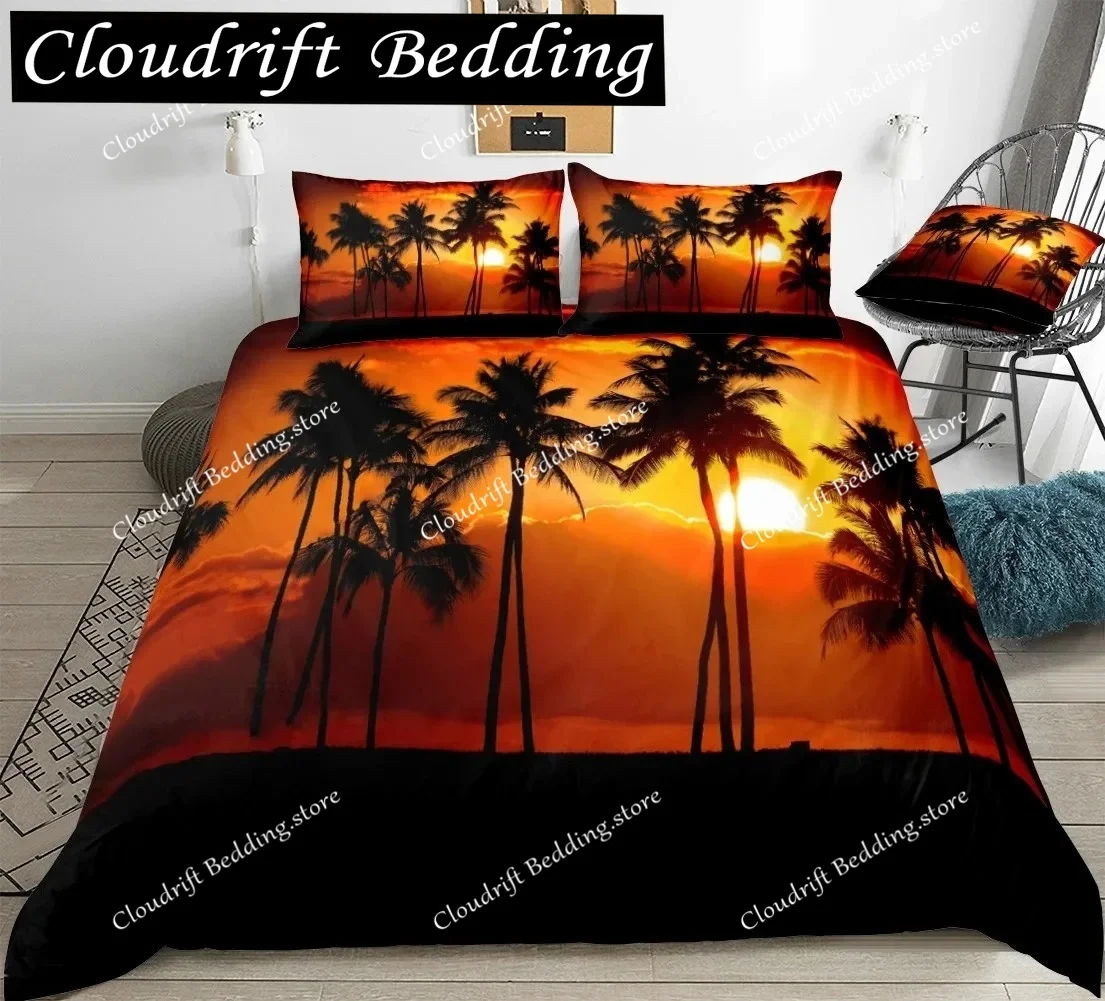 

Tropical Coconut Palm Tree King Queen Duvet Cover Hawaii Seaside Sunset Bedding Set Sunrise Plant Polyester Quilt Cover