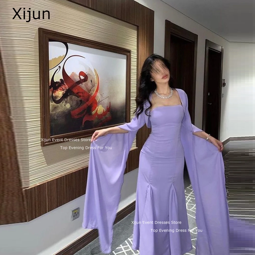 

Xijun Lavender Mermaid Short Evening Dresses Square Collar Formal Prom Gowns Cape Sleeves Prom Dresses Saudi Arabric For Women