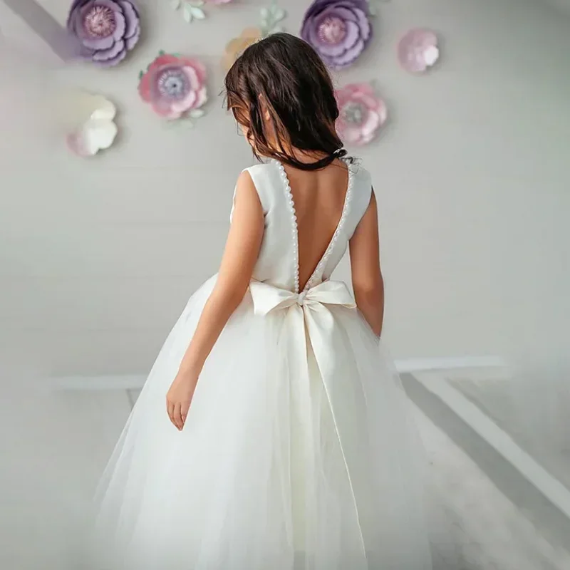 Flower Girl Dresses White Satin Tulle Pearl Neckline With Bow Belt Sleeveless For Wedding Birthday Party First Communion Gowns