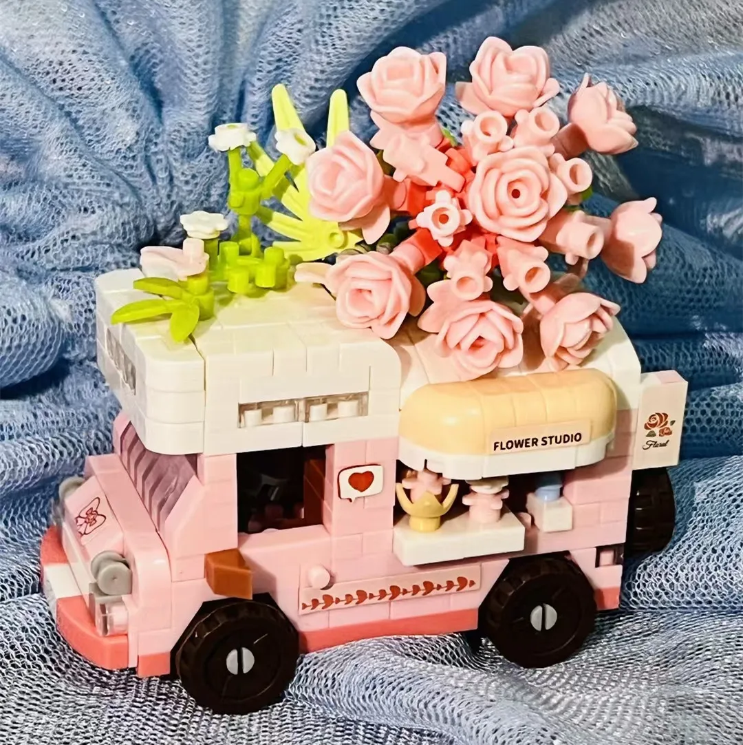 

Pink Flower Truck Building Blocks Kit DIY Mini Car Food Cart Flower Studio Model Educational STEM Toy for Girls Kids Gift