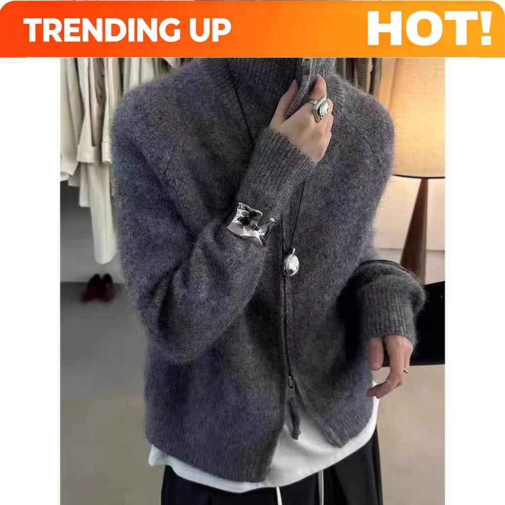 Customization European-style Double Zipper 100%wool Cardigan Women High Neck Loose Cashmere Sweater Knitted Sweater Thickened Co